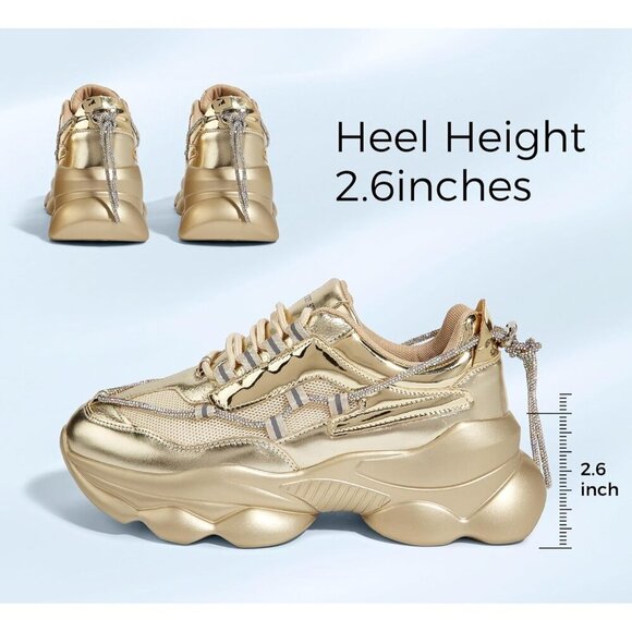 Women's 90s Chunky Sneakers Rope Platform Casual Thick Rave Walking Shoes Gold - Picture 2 of 9